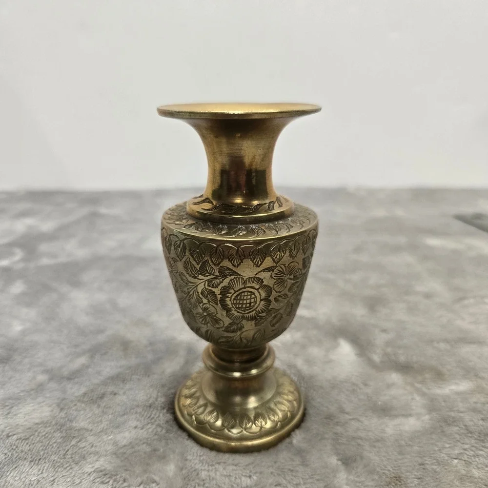 Vintage Etched Brass Bud Vase India Floral Engraved Pedestal Mini Vase 5.25 Inch